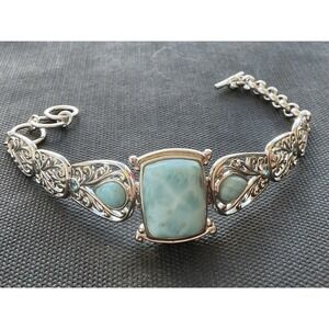 Signed BBJ 925 Sterling Silver blue Larimar & blue topaz toggle bracelet Vintage